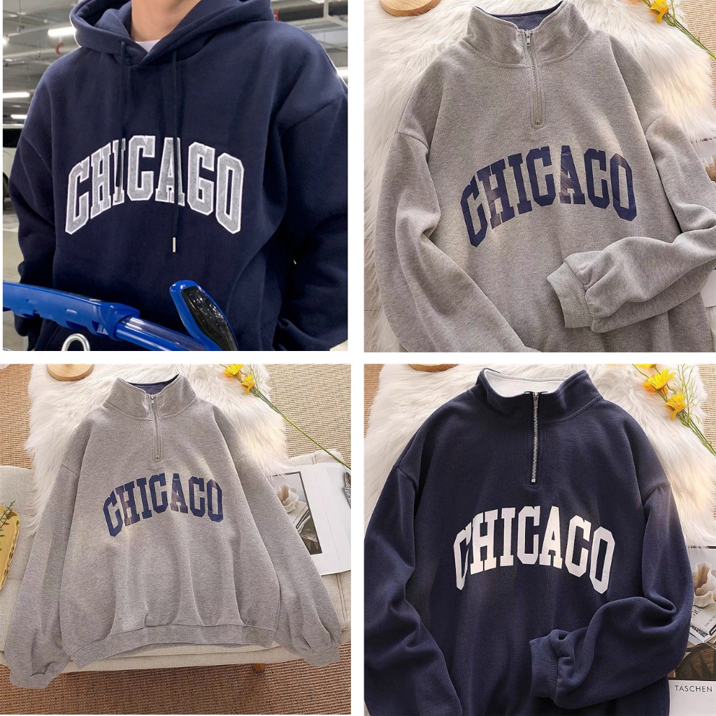 Áo Polo Sweater khoá cổ Unisex Tay Dài Form Rộng In Chữ CHICAGO Phối Màu Cổ Vải Nỉ Bông