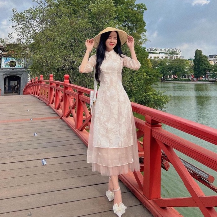SET ÁO DÀI REN HOA - VÁY NUDE