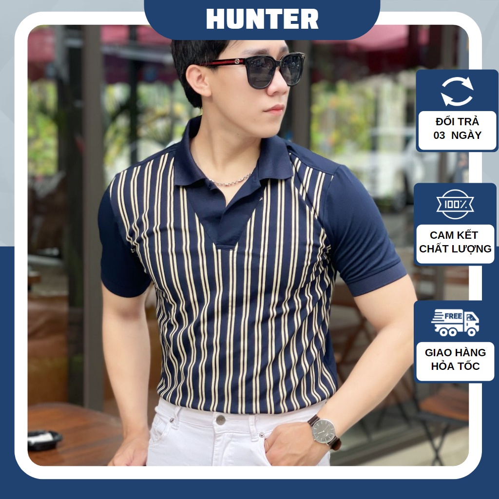 Áo polo kẻ sọc cổ bẻ chữ V BENZY chất vải cá sấu cotton cao cấp, phối màu lịch lãm, hiện đại và hợp xu hướng thời trang