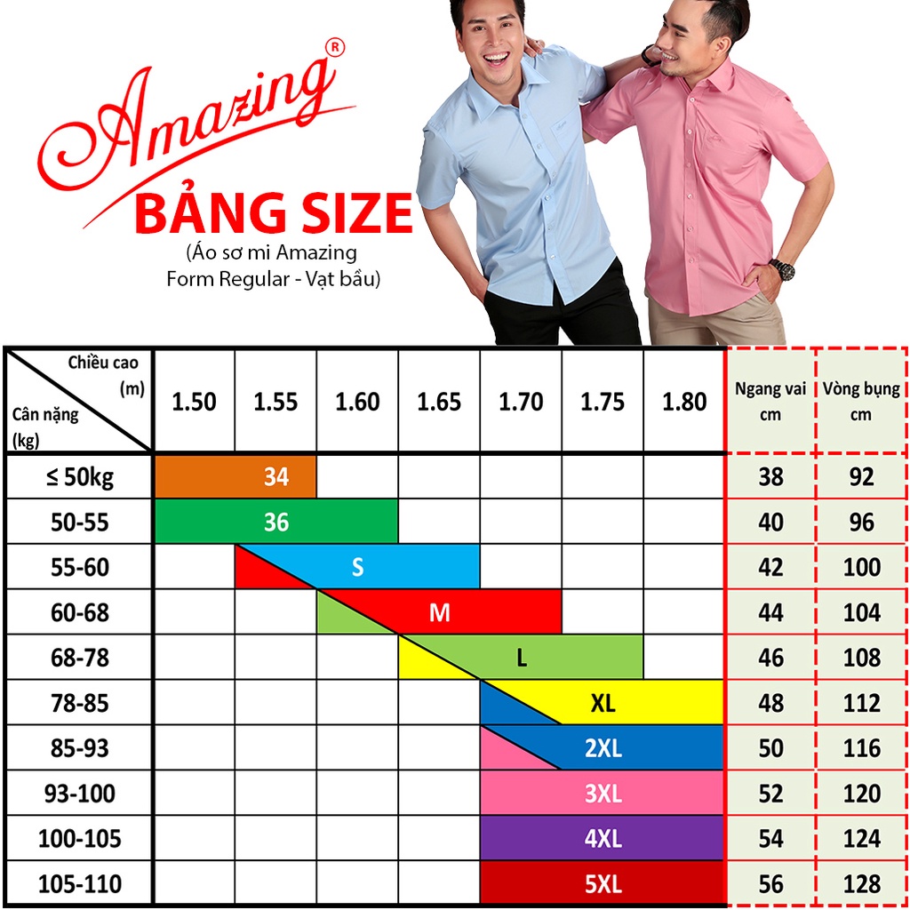 Áo sơ mi nam màu Amazing, thời trang công sở, size tới 100kg, form chuẩn, vạt bầu, tay dài nhã nhặn