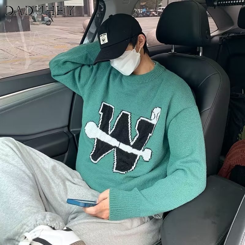 DaDuHey Men's 2022 New Loose-Fitting Non-Hoodie Sweater Autumn Hong Kong Style round Neck Trendy Wild Sweater
