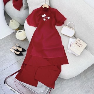 Set Áo Dài Voan Đỏ Đính Hoa Hèo Studio (Ảnh Thật)
