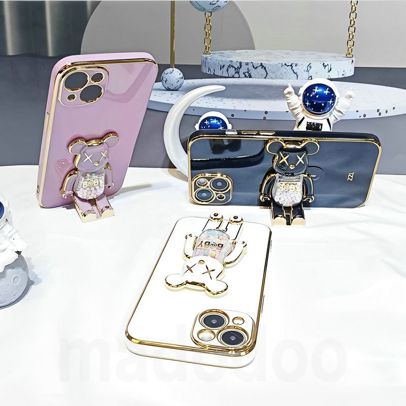 6D Straight Edge Electroplate Casing Samsung Galaxy A71 4G A51 A70 A50 A50S A30S A20 A30 A10S A20S A10 Cute Candy Beads Gloomy Bear Kaws Quicksand Holder Fine hole Tpu Anti-fall Lens Protection Soft Thin Phone Case Cover MMT 09