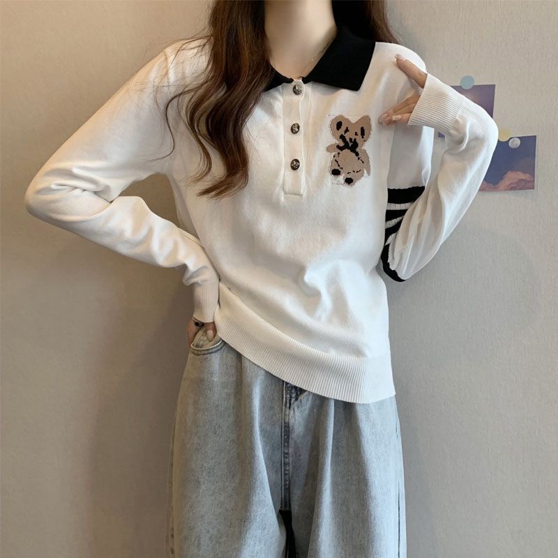 COZOK Áo polo Dệt Kim Tay Dài Thêu Hình Gấu Màu Tương Phản Dễ Thương