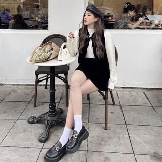 Set 3 chi tiết ( áo nhung kèm tag + chân váy + áo sơmi tơ )