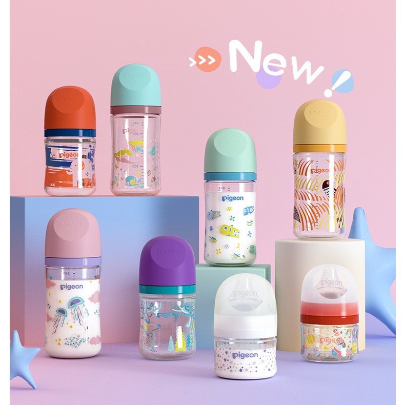 (Mẫu Mới 2022) Bình Sữa Thủy Tinh Pigeon Cổ Rộng Cao Cấp 80ml/160ml/240ml