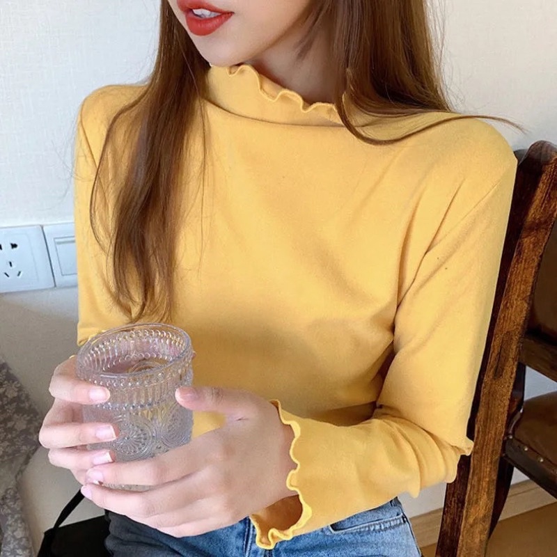 Áo giữ nhiệt nữ cổ cao viền sóng 3cm, áo thu đông tay dài giữ ấm ôm body
