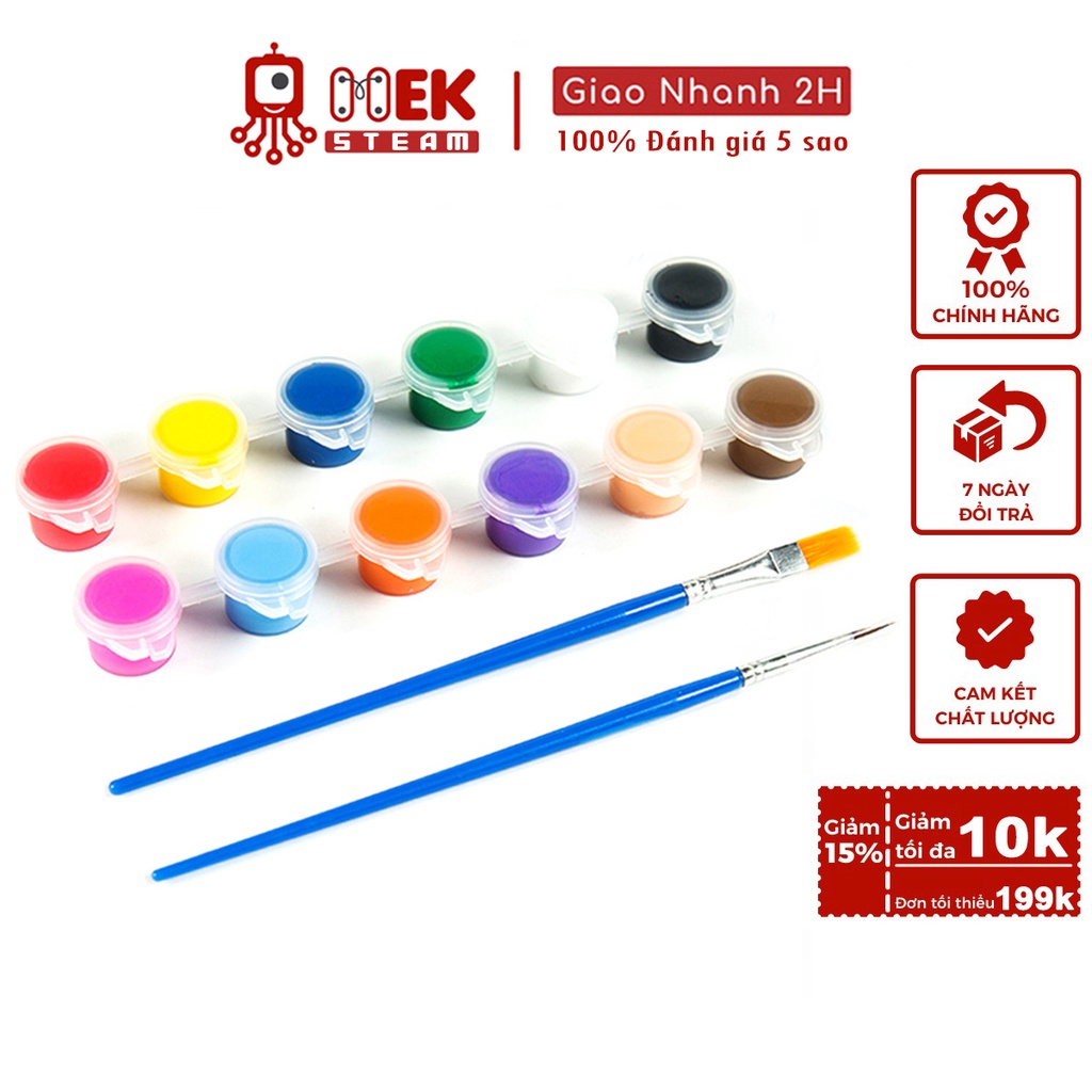Bộ Sơn Màu Nước 12 Màu Vẽ Acrylic 3ml Kèm 2 Cọ Vẽ - Màu Acrylic Mini Tô Vẽ Đồ Chơi Gỗ, Áo, Tô Tượng, Vẽ 3D, Giày