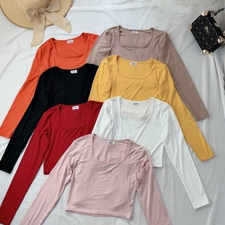 Áo thun lụa croptop nữ tay dài cổ vuông ôm dáng