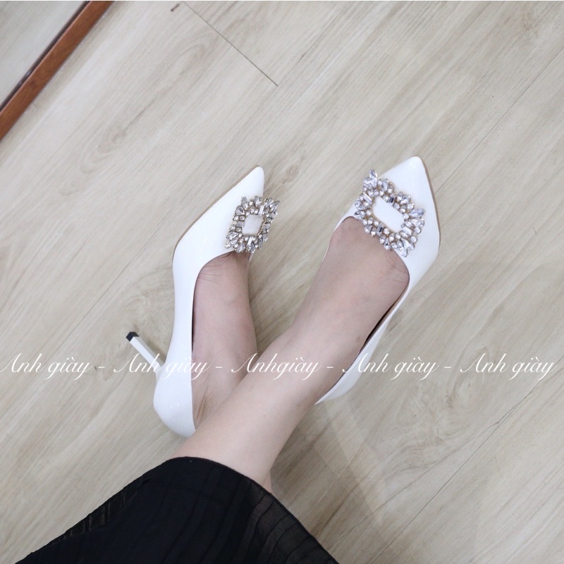 CG15 - Giày  cưới, giày cô dâu ,Giày cao gót da bóng gót nhọn 7p nơ khoá vuông đá siêu xinh, lót mút siêu êm chắc chân
