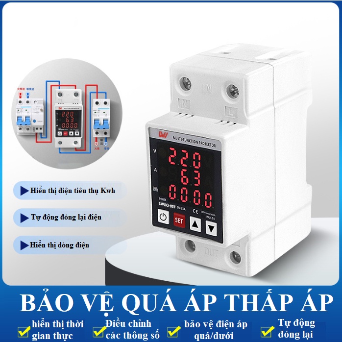 Bộ bảo vệ điện áp bảo vệ chống mất pha tự đóng lại LW-2P 63A LCD hiển thị bao ve dien ap