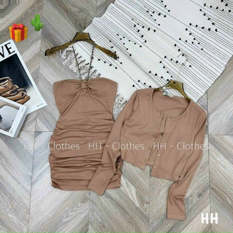 Sét đầm body phối xích đep cổ tạo kiểu và áo khoác ngoài croptop