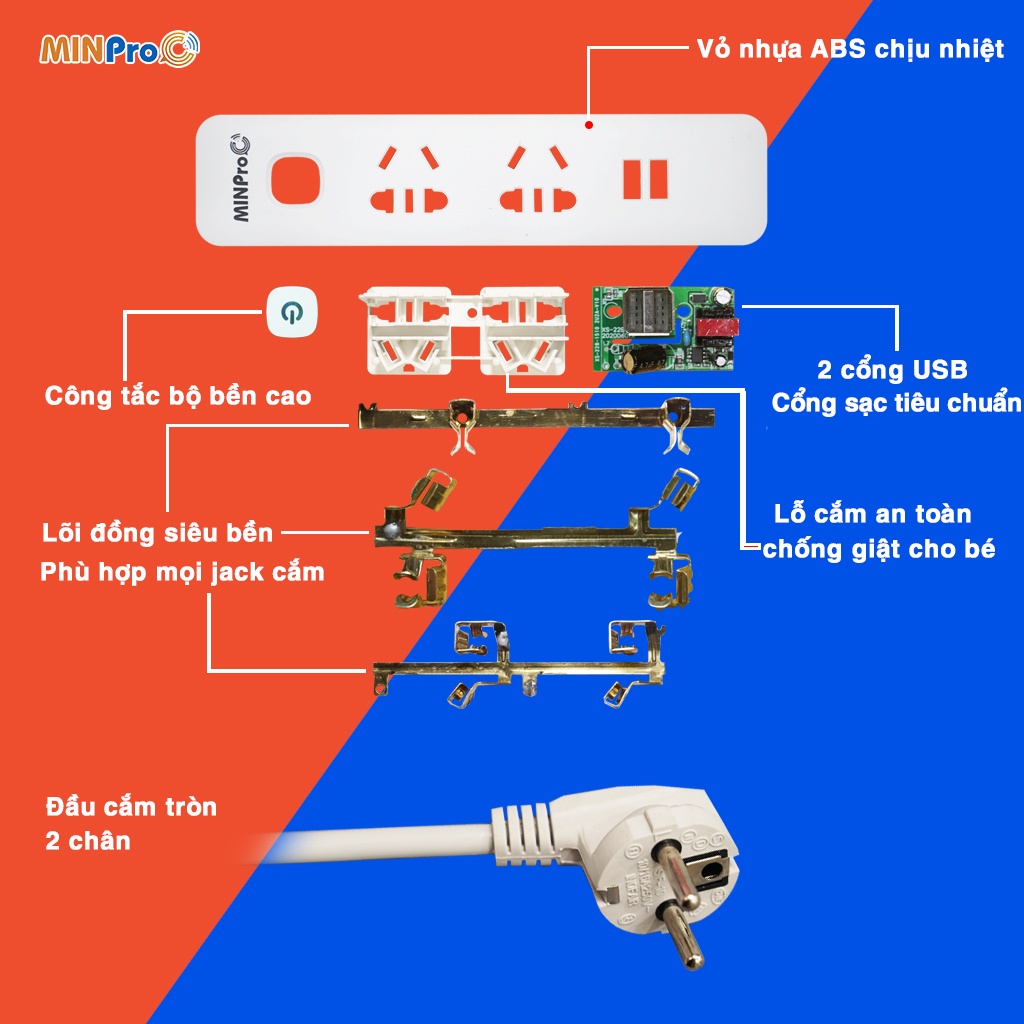 Ổ cắm điện đa năng MINPRO ổ cắm thông minh chống giật cao cấp, có công tắc, nhiều ổ USB đa năng sạc đt xiaomi