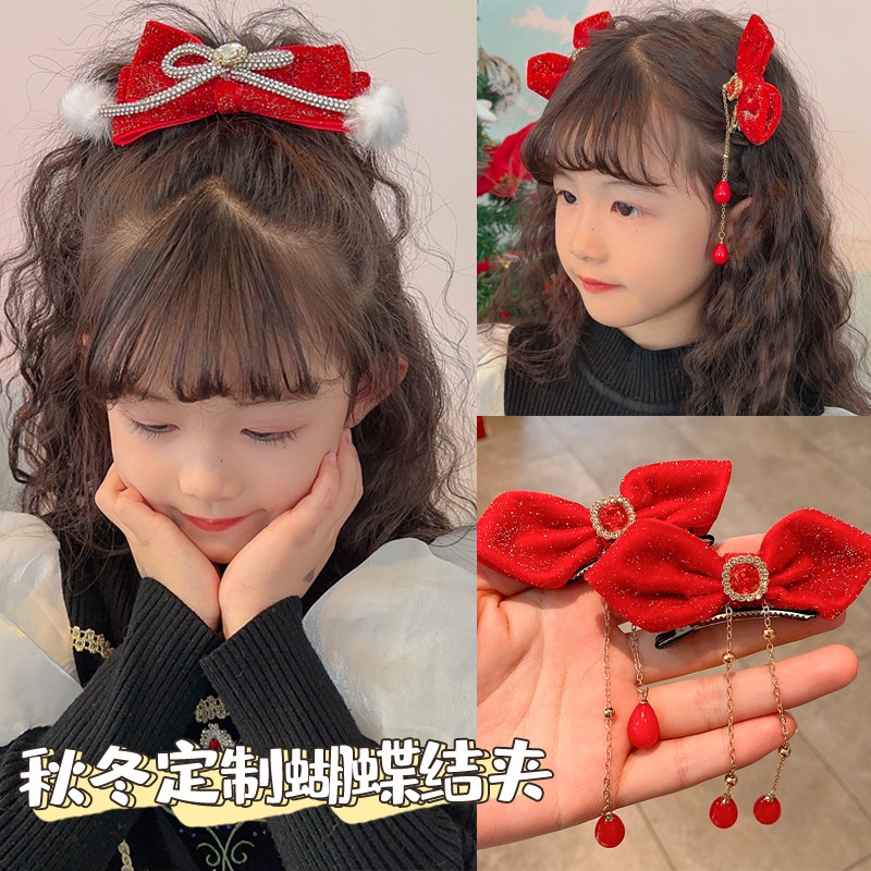 Kẹp Tóc Nơ Đỏ Hồng Phong Cách Công Chúa Dễ Thương Mừng Năm Mới Cho Bé Gái