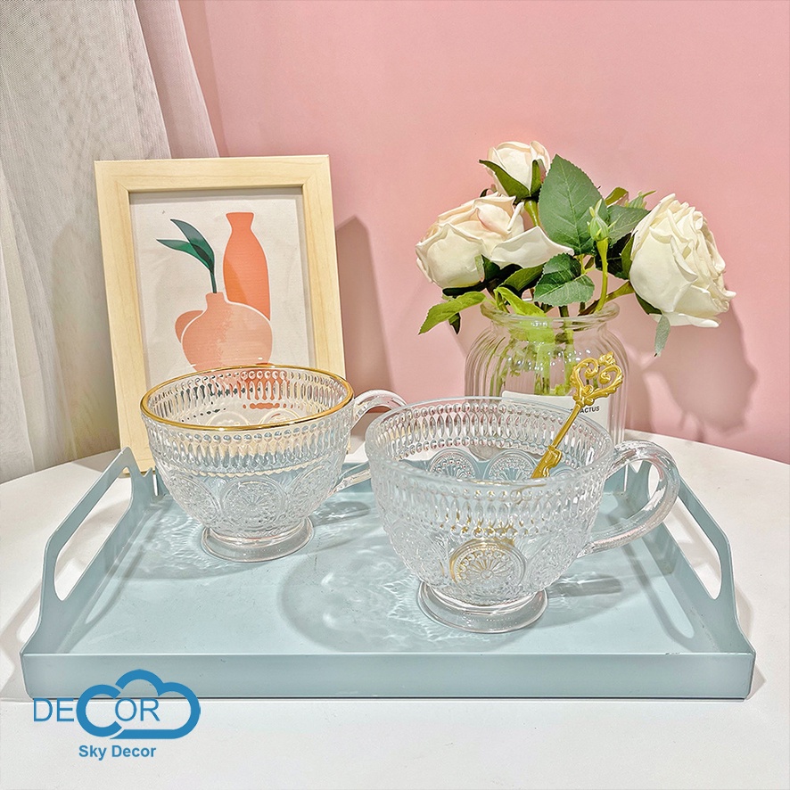 Tách trà thủy tinh Sky Decor - Cốc thủy tinh, quai cầm họa tiết hoa hướng dương