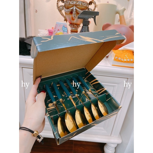 Bộ 6 Thìa Mạ Vàng Cán Xanh Lam Vân Đá Phong Cách Bắc Âu