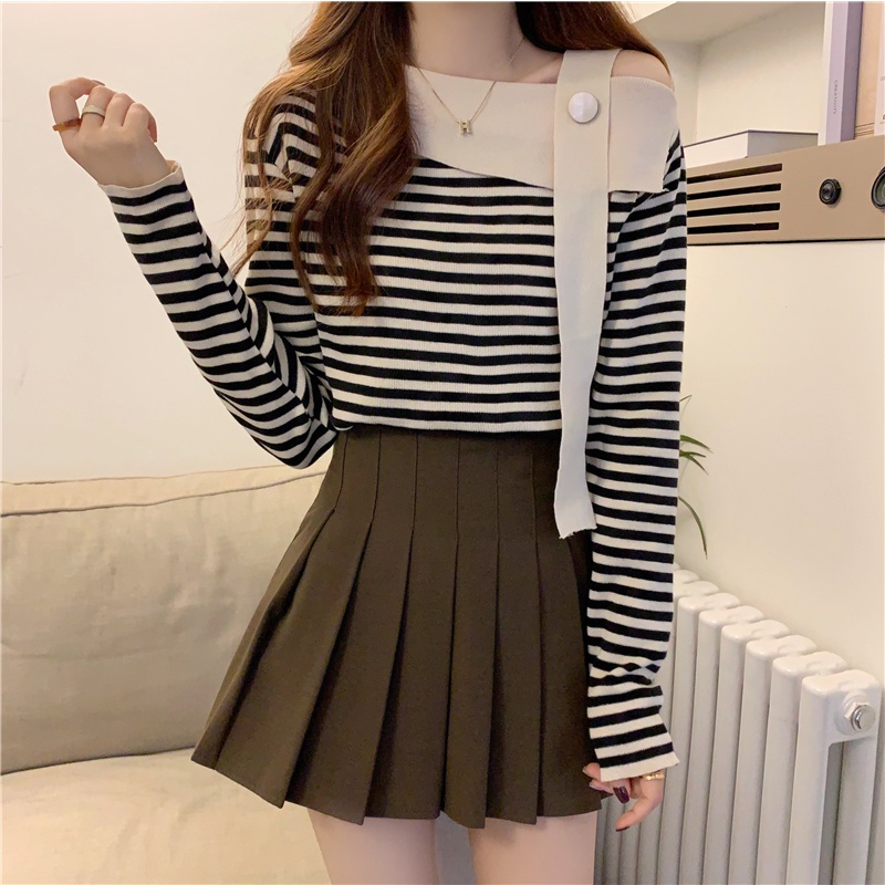 Áo Dệt Kim Tay Dài Hở Vai Họa Tiết Kẻ Sọc Thời Trang Thu Đông Hàn Quốc Mới Dành Cho Bạn Nữ