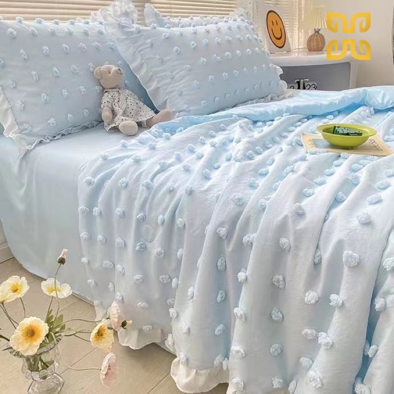 Freeship 🍀 Bộ chăn ga cotton đũi viền bèo đính hoa bi - set chăn chần 4 món - may ga theo yêu cầu - hàng nhập loại 1