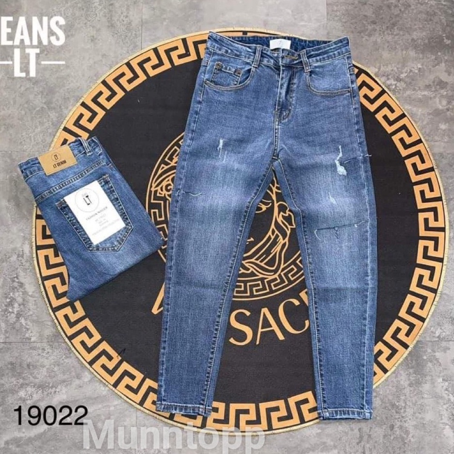Quần jeans nam xanh sáng rách gối cực ngầu, quần jean nam co giãn mẫu mới trẻ trung