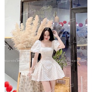 BIGSIZE HIẾU HIẾU ( Đầm viền cổ đính ngọc cổ vuông nhấn eo 55-100kg )