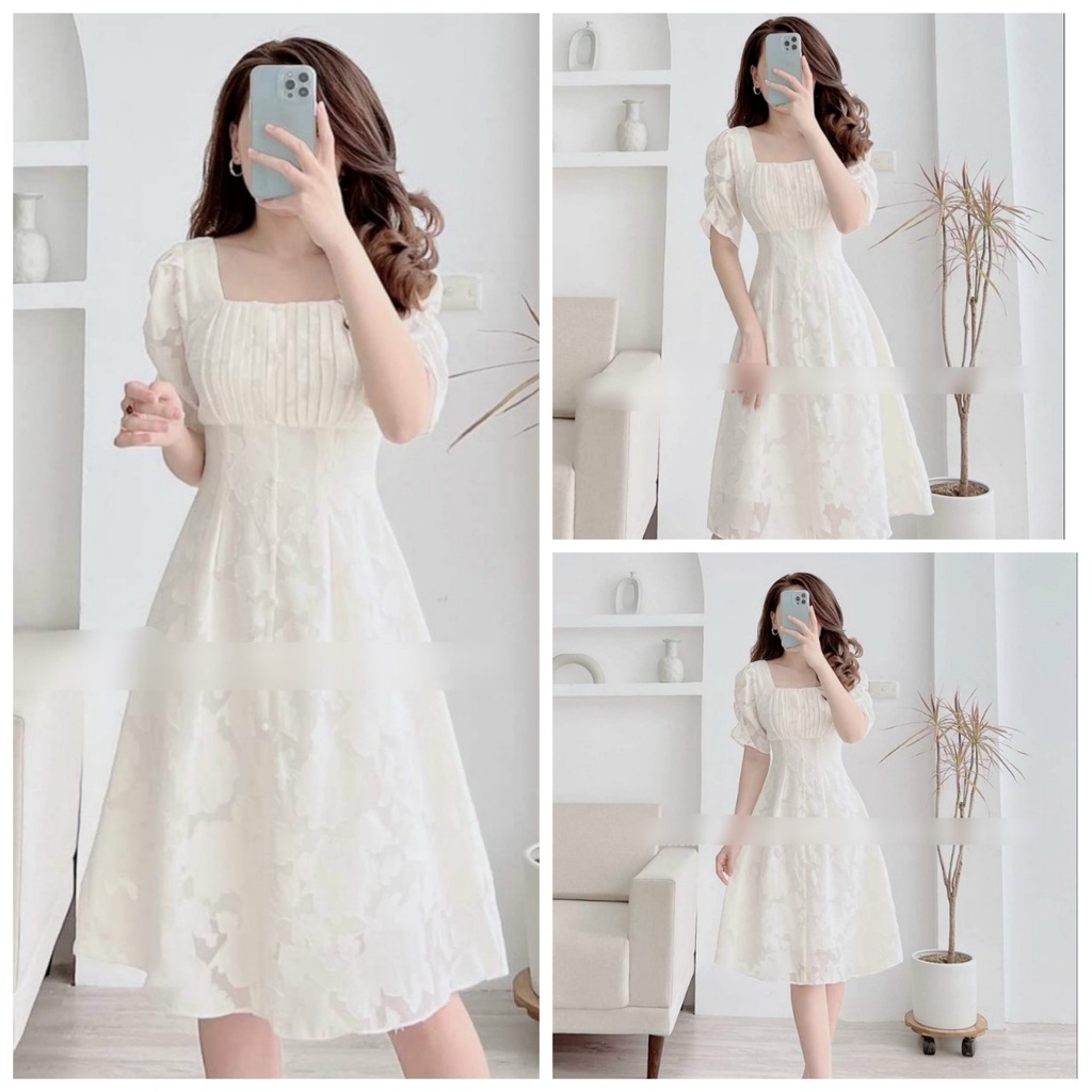 Đầm Xòe Ren Hoa Cổ U Tay Phòng Xếp Ly Ngực BY8380