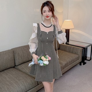 Đầm Dáng Ôm Họa Tiết Caro Phối Lưới Ngọt Ngào Cho Nữ