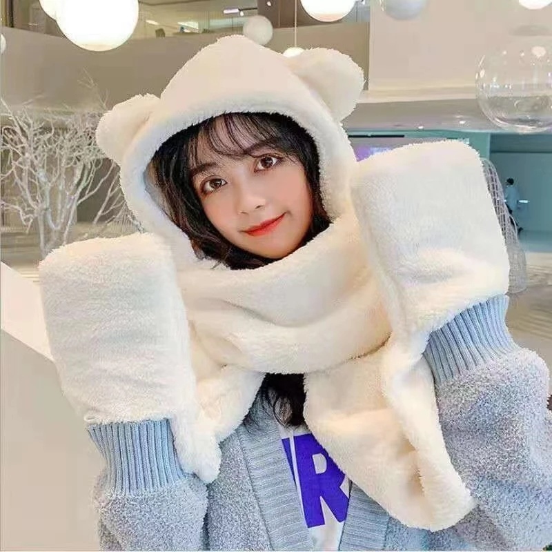 Set Mũ Len Tai Gấu Kèm Khăn Choàng Cổ Và Găng Tay Thời Trang Cho Nữ