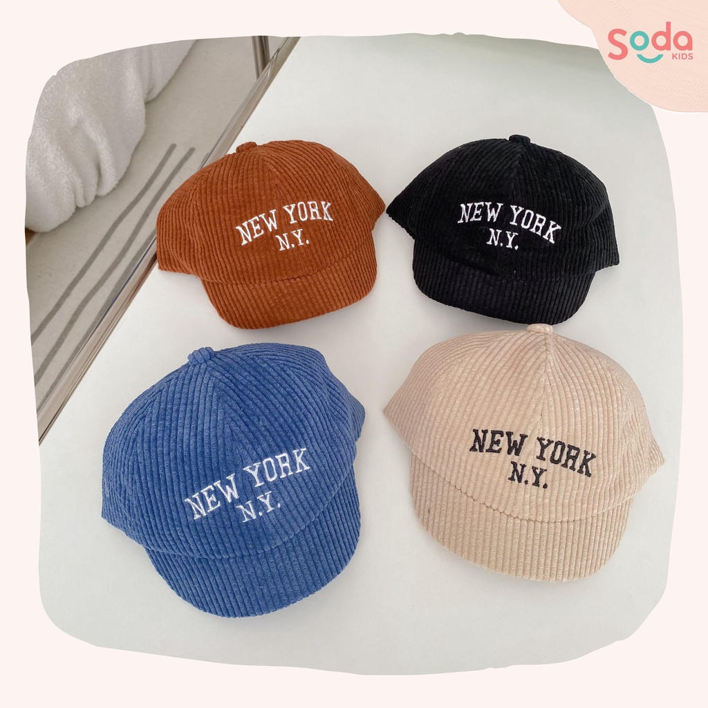 Mũ lưỡi trai cho bé NEW YORK, chất liệu nhung, có quai dán cho bé 6-24m