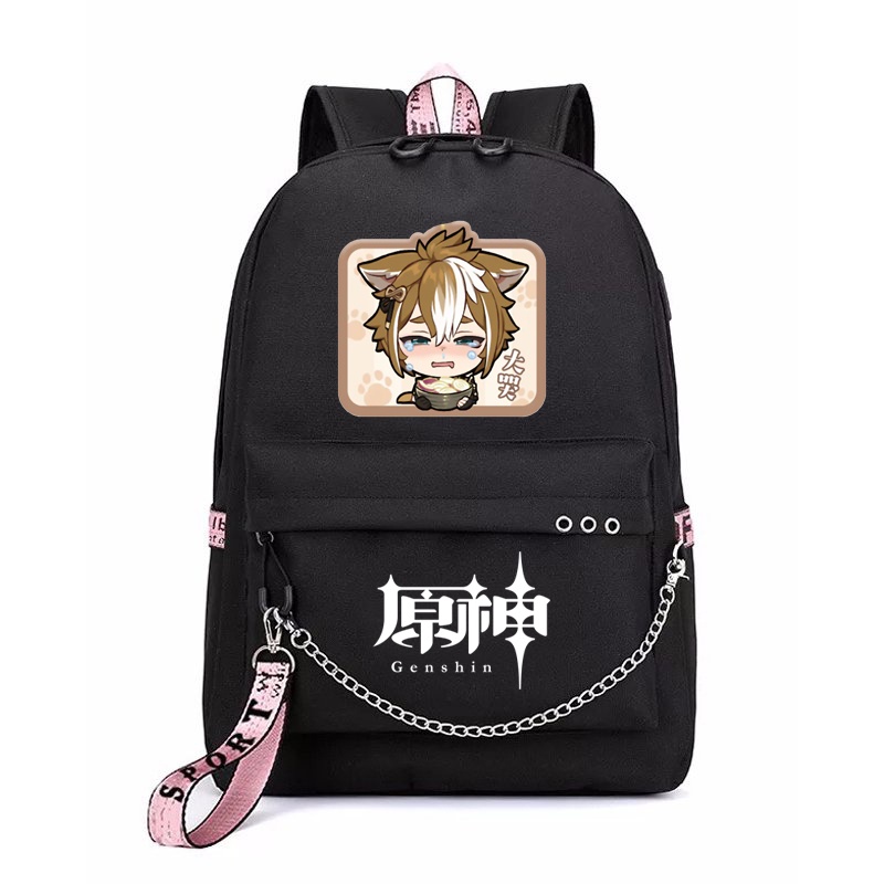 Balo thông minh đen in hình GENSHIN IMPACT ver CHỮ NHẬT CHIBI game anime chibi dễ thương cặp sách đi học