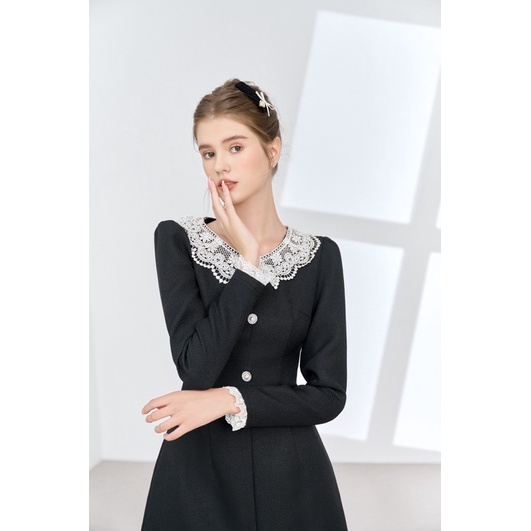 Váy thiết kế Tweed đen thanh lịch cổ ren chiết eo JADE DRESS by Margerie