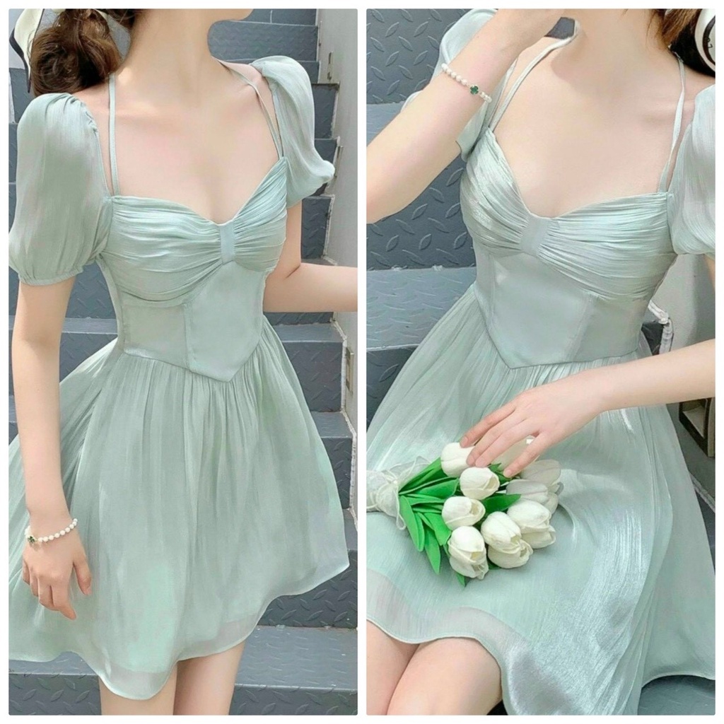 Đầm Xòe Cổ U Xếp Ly Ngực Dây Yếm Phối Voan Mizi Ánh Kim BY8396