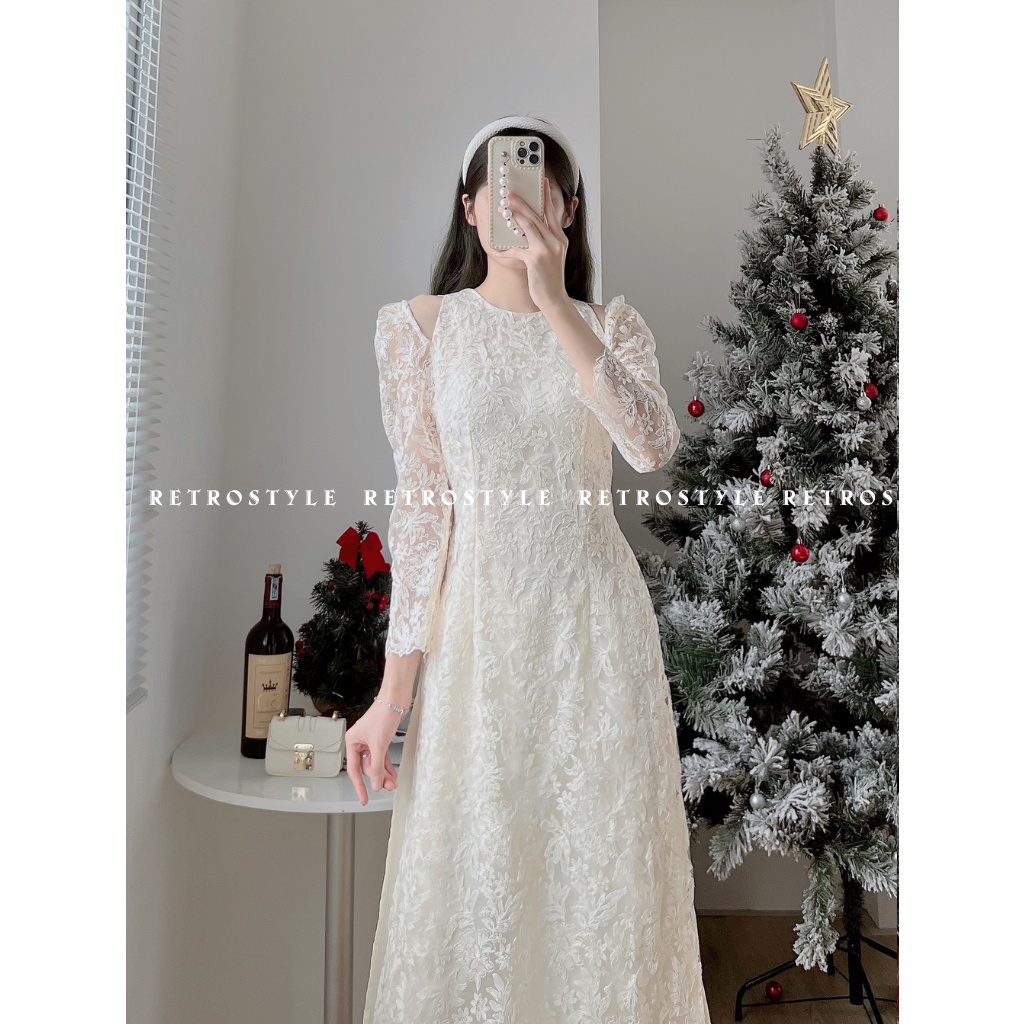 Set áo dài ren khoét vai hoa nổi 2 lớp mã aodairenkhoetvai