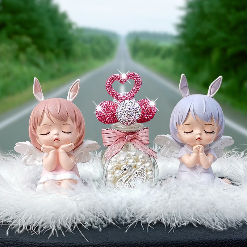 Set búp bê hồng bình bóng tim đính đá trang trí xe ô tô - Set thảm lông