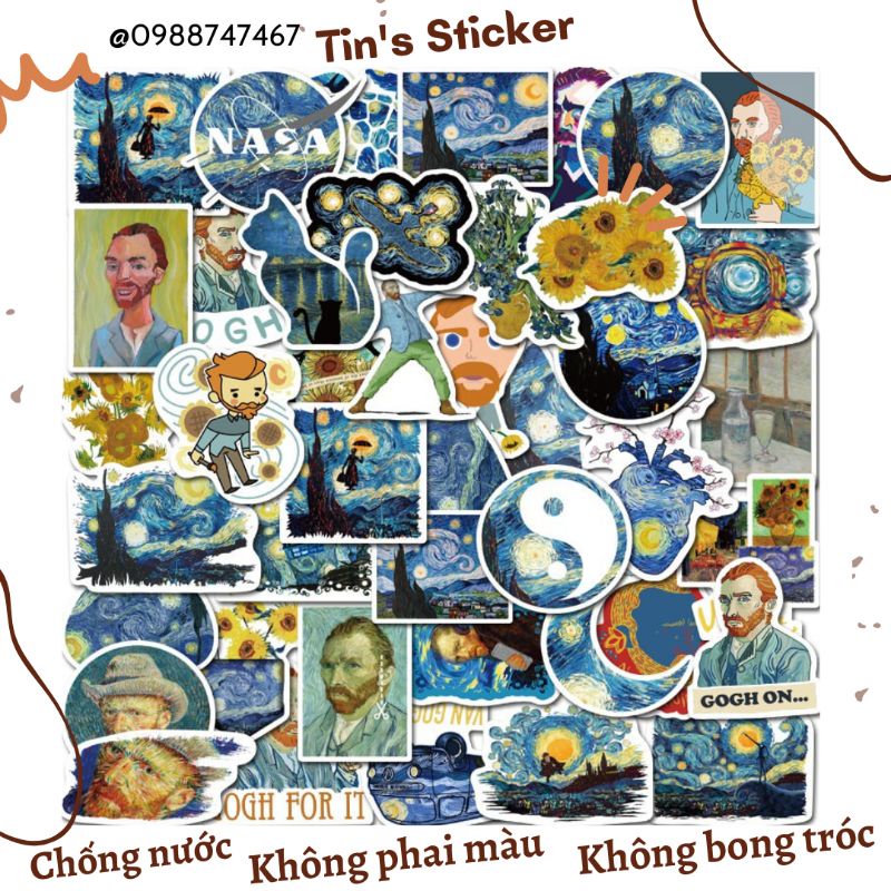 Set combo 40 miếng dán sticker TRANH VAN GOGH chống thấm nước dán nón mũ bảo hiểm laptop vali sổ sách xe máy đàn guitar