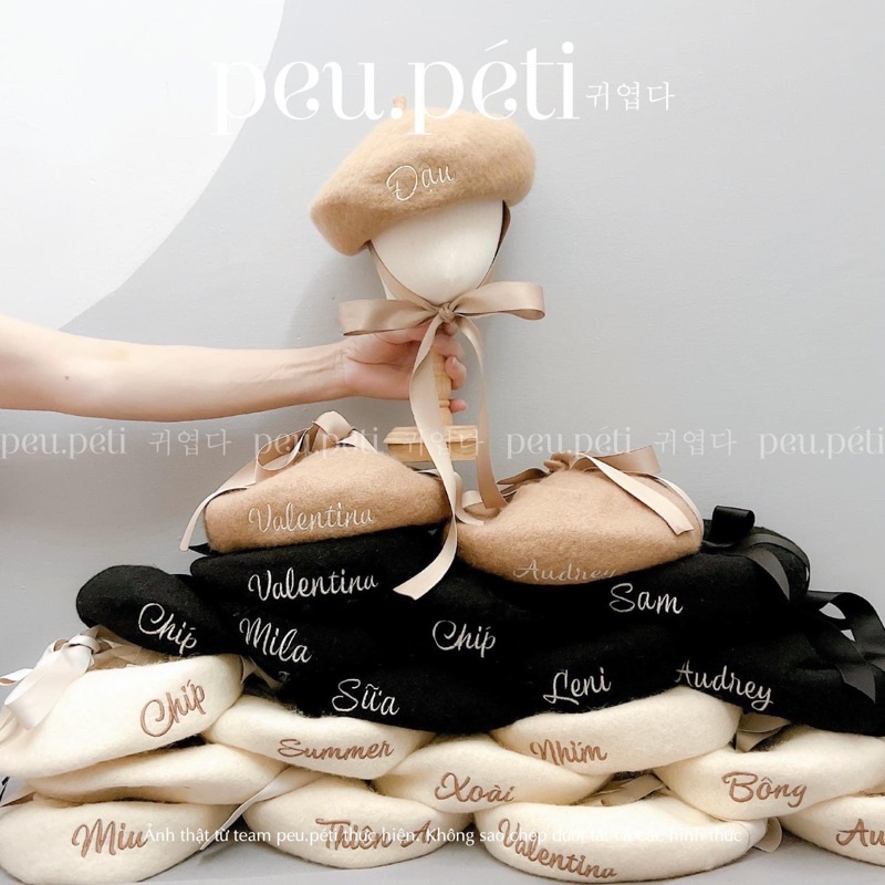 SẴN HÀNG THÊU TÊN Mũ nồi dạ ép lông xù thắt nơ style Hàn - by Peu.péti