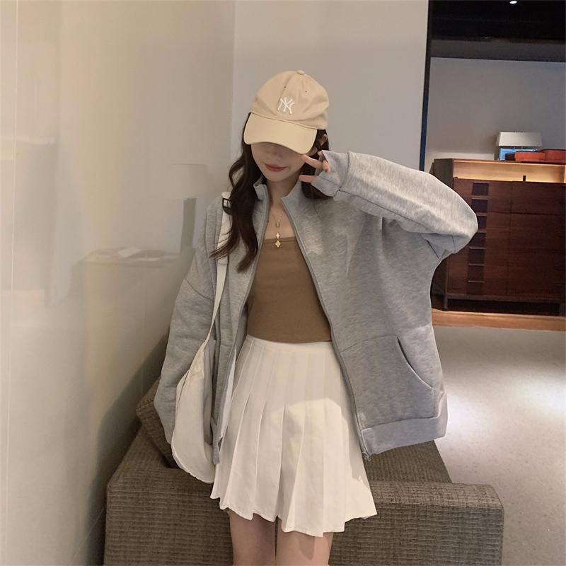 Áo Khoác Cardigan Tay Dài Cổ Đứng Form Rộng Theo Phong Cách Preppy Dễ Phối Đồ