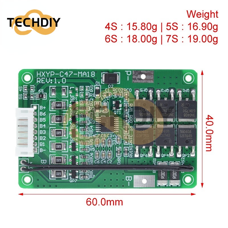 Bảng Mạch Bảo Vệ Pin Lithium 4S / 5S / 6S / 7S BMS 16.8V 21V 20A 18650 Sự Bảo Vệ
