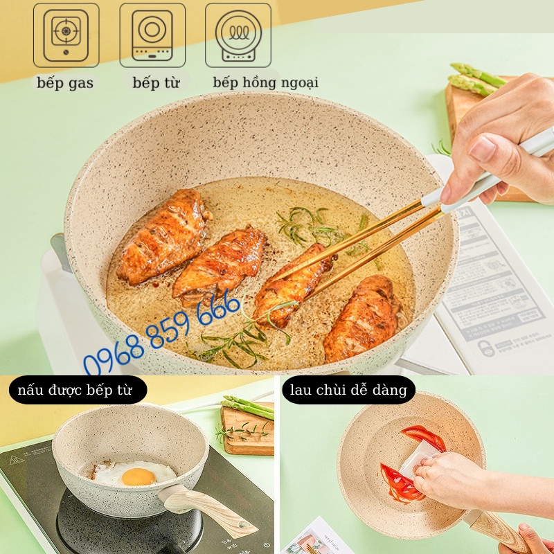 Chảo đá chống dính vân đá dùng cho bếp từ màu trắng kem 30cm