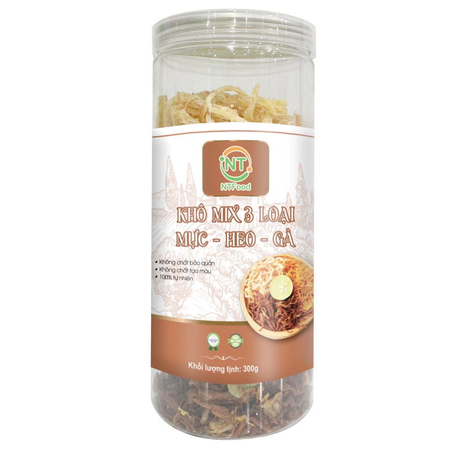 Khô mix 3 loại Mực - Heo - Gà - NTFood hũ 300gr - Nhất Tín Food