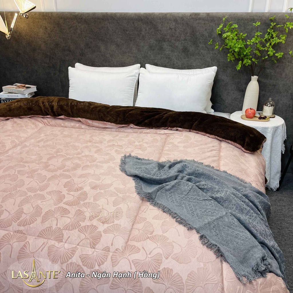 Mền cao cấp Pháp LASANTE' Anita lông cừu siêu mềm mịn màu ngân hạnh hồng sang trọng  siêu rộng 2.1x2.4m dày dặn ấm áp