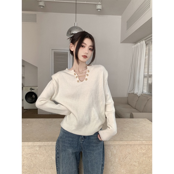 Áo Len Dài Tay Cổ Chữ V Form Rộng Thiết Kế Mới Thời Trang Mùa Thu Đông Dành Cho Nữ