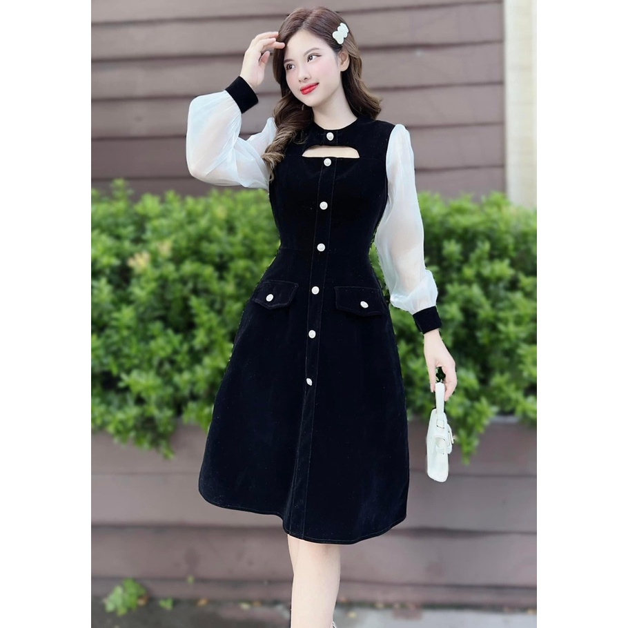 [11.11 Sale Freeship] Đầm thiết kế thời trang nữ đi tiệc,đầm đen tay phối trắng dài cổ tròn khoét ngực xiêu xinh mtb