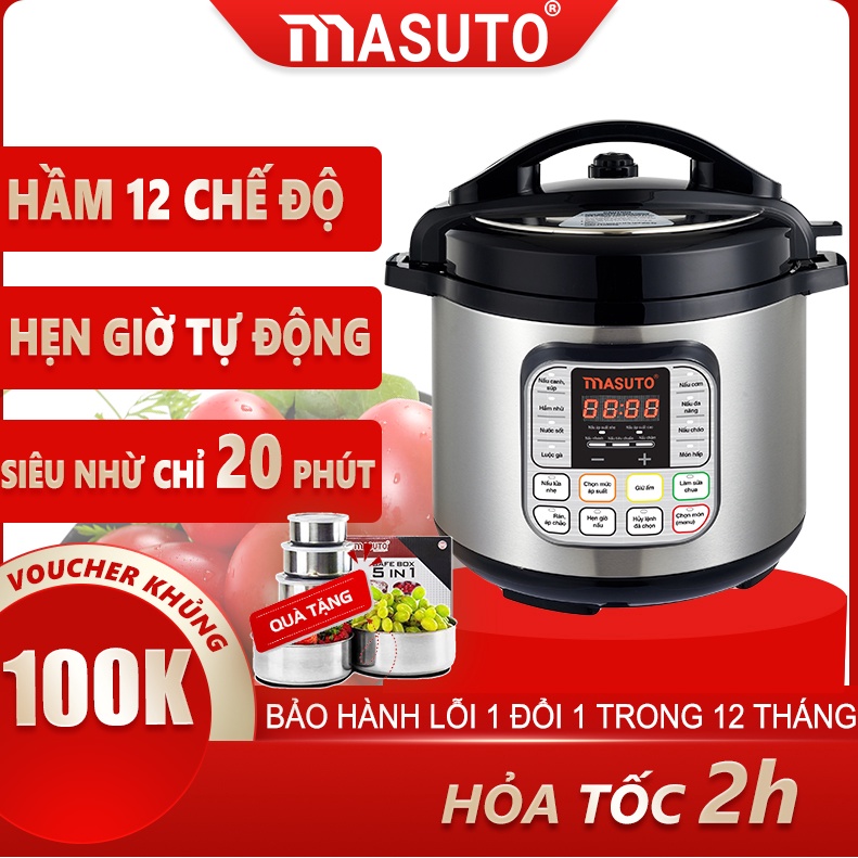 Nồi áp suất điện đa năng Masuto 6L chế độ ninh hầm siêu nhanh tiết kiệm thời gian TẶNG HỘP INOX