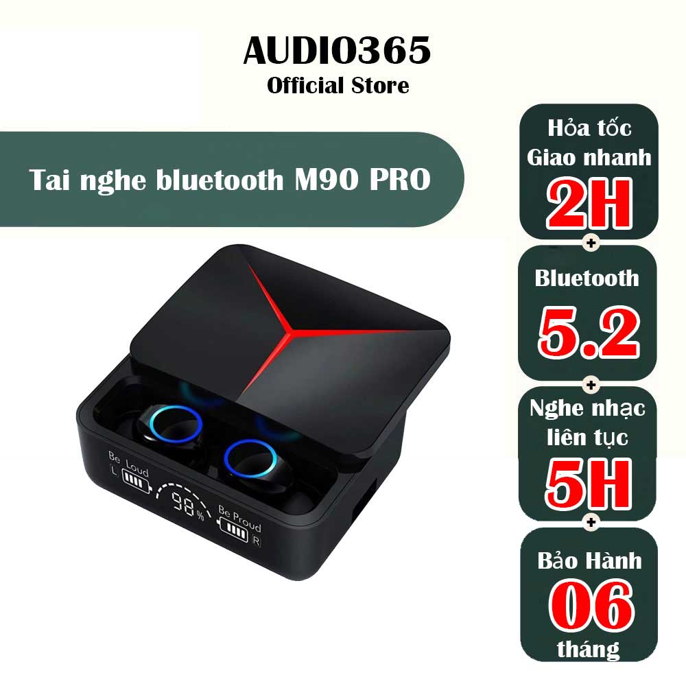Tai nghe bluetooth V5.2 M90 Pro cảm ứng, màn hình led, chống nước, hỗ trợ đàm thoại, nghe nhạc, kiêm sạc dự phòng