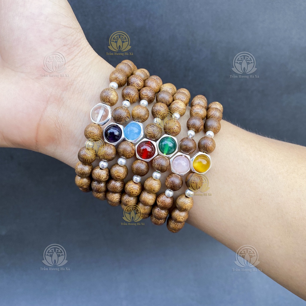 Vòng tay phong thủy trầm hương HÀ XÁ mix đá khoen bạc 925 đeo tay cặp đôi nam nữ mệnh kim mộc thủy hỏa thổ may mắn
