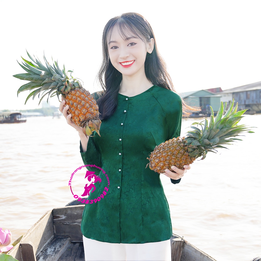Áo bà ba gấm lụa nữ màu xanh rêu đậm cổ tròn - Nam Phương. Mã SP: GNP114R