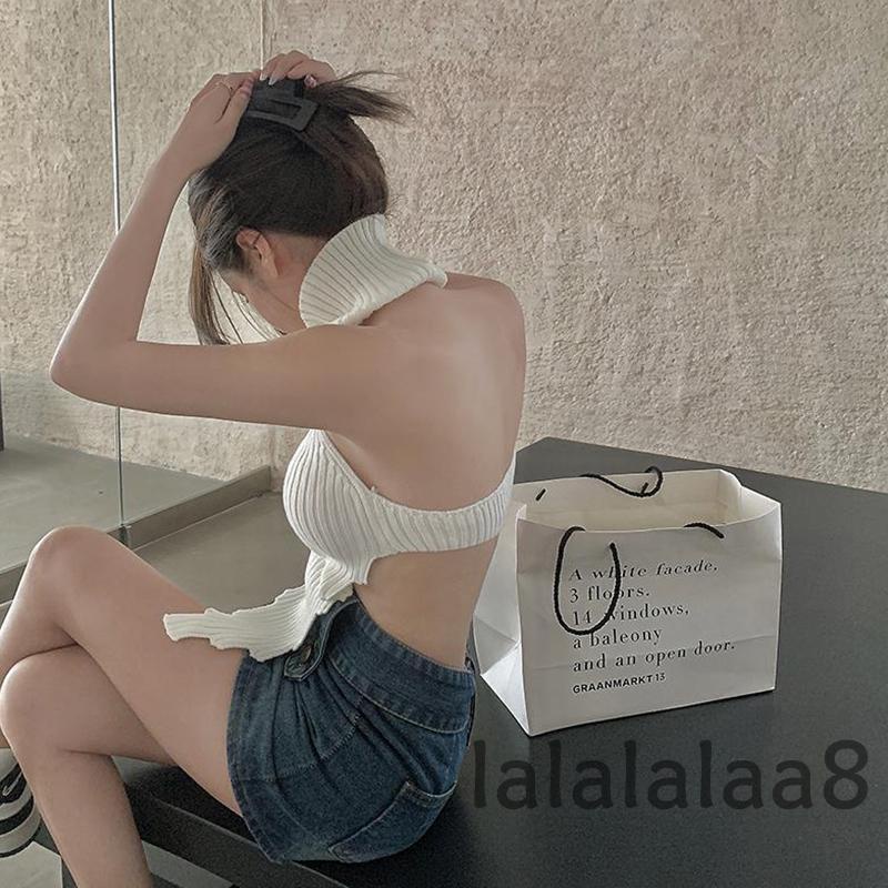 Áo Dệt Kim Sát Nách Cổ Cao Hở Lưng Màu Trơn Thời Trang Mùa Hè Cho Nữ LAA8