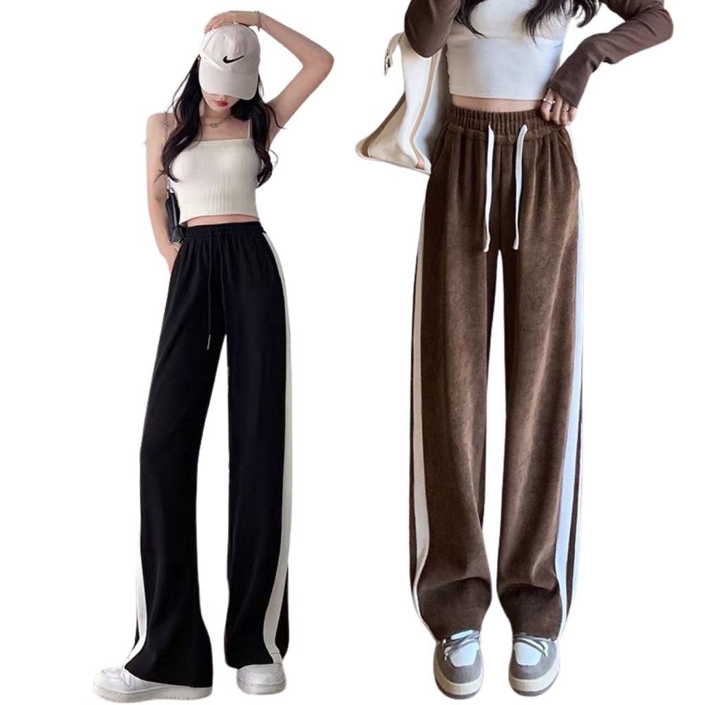 Quần dài ông rộng chất nhung tâm thu đông cao cấp  2 sọc viền from unisex nam nữ. Hình Thật thể thao.