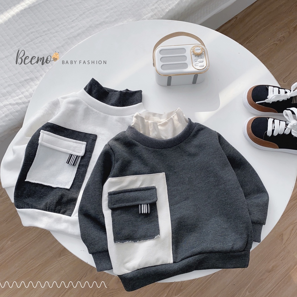 Áo nỉ dài tay Beemo phối túi cách điệu vải loang nỉ da cá mềm mại cho bé trai, bé gái đi học, chơi từ 1 - 7 tuổi 20A043
