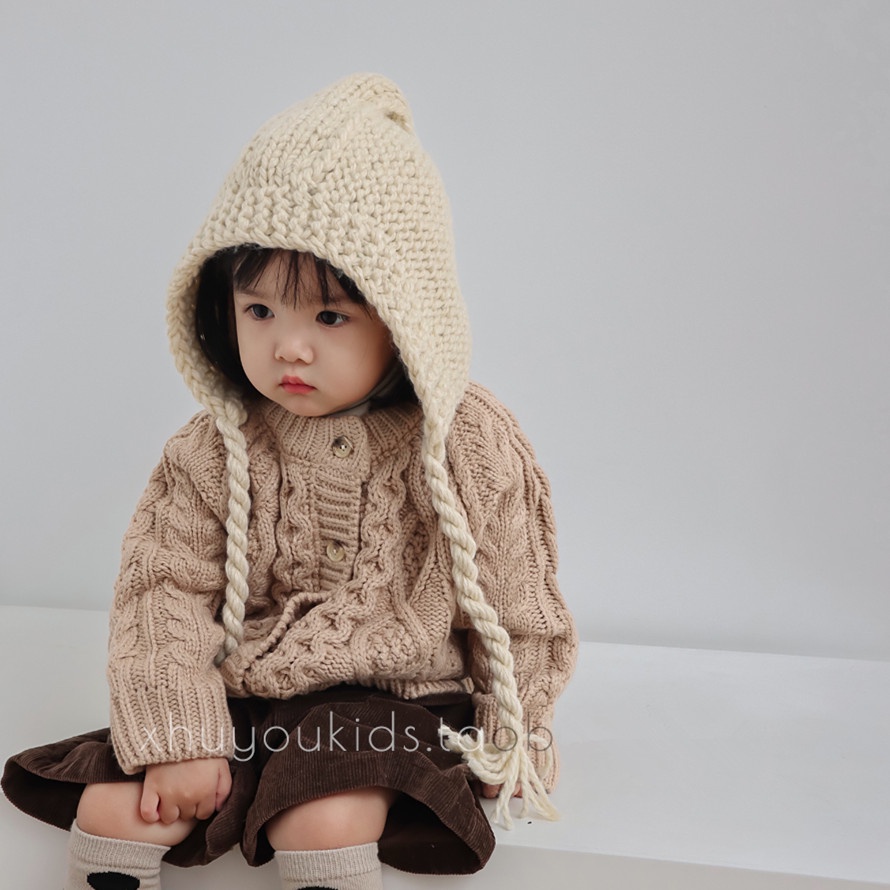 Mũ Len Trùm Tai Màu Trơn Đính Tua Rua Dễ Thương Cho Bé